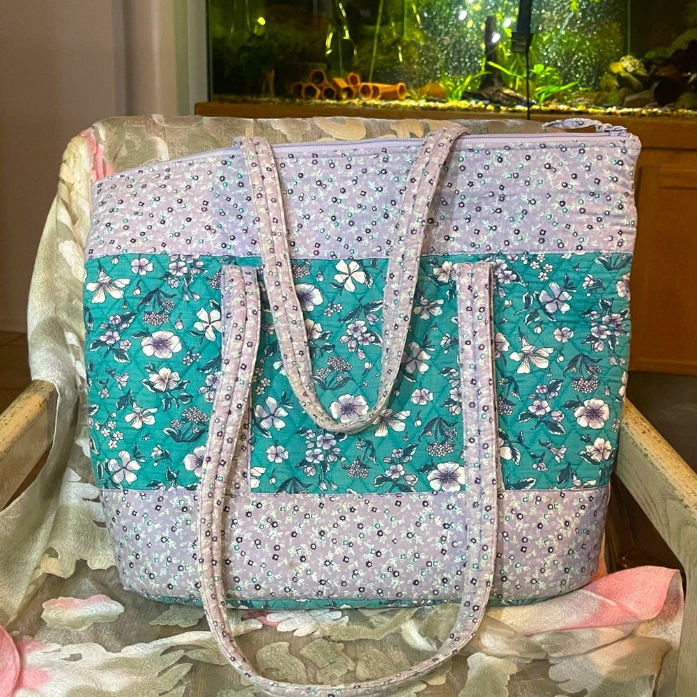 Large quilted Vera Bradley style tote bag purple and teal